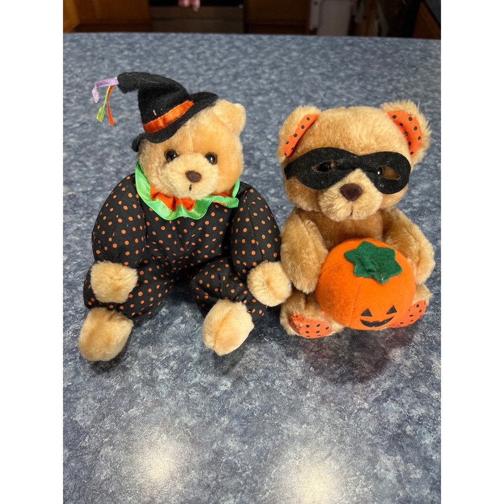 Vintage Russ Berrie Halloween Plush Bears Baby Boo & Pumpkin Set 1607 1608